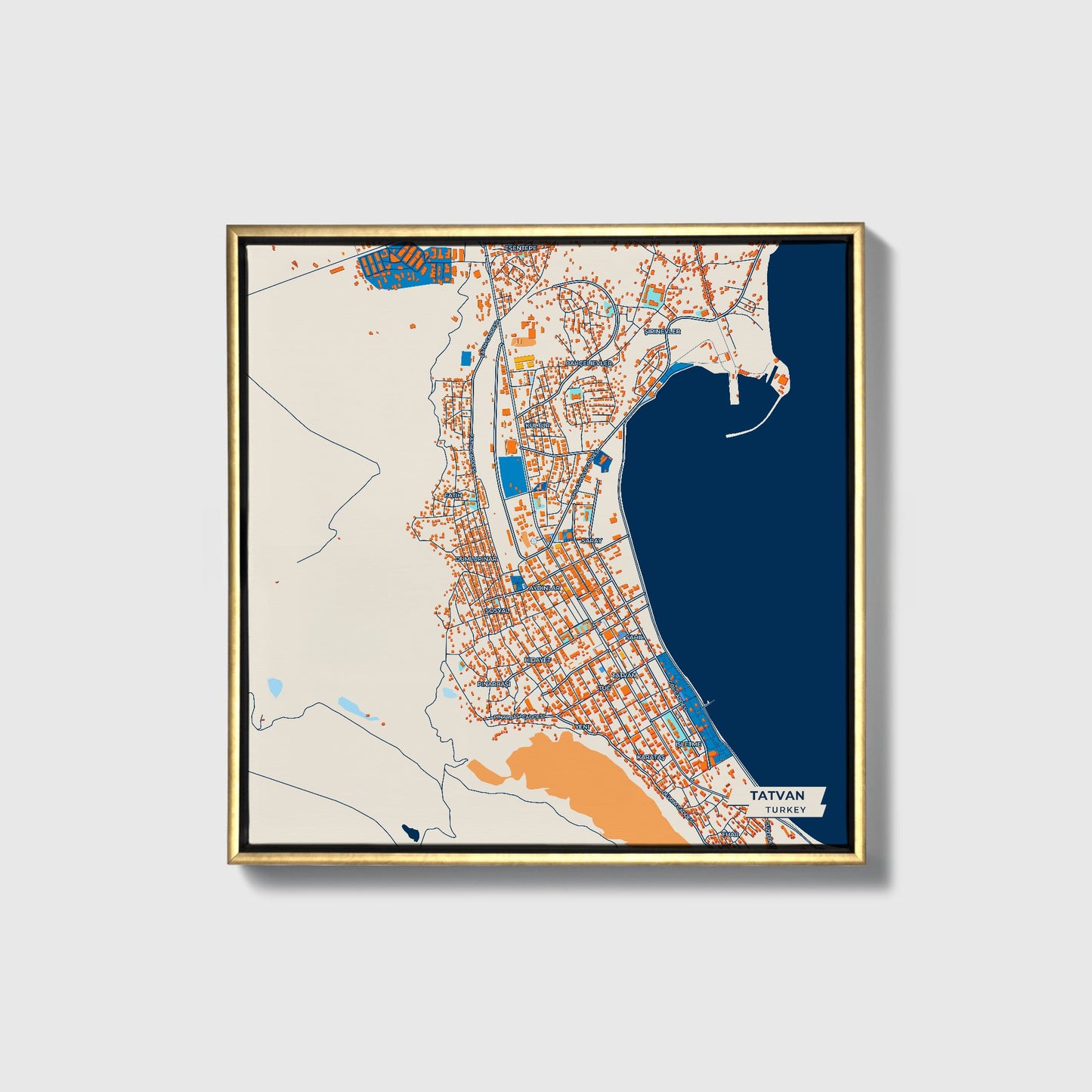 Tatvan Turkey Colorful City Map Canvas Print • Gold Framed