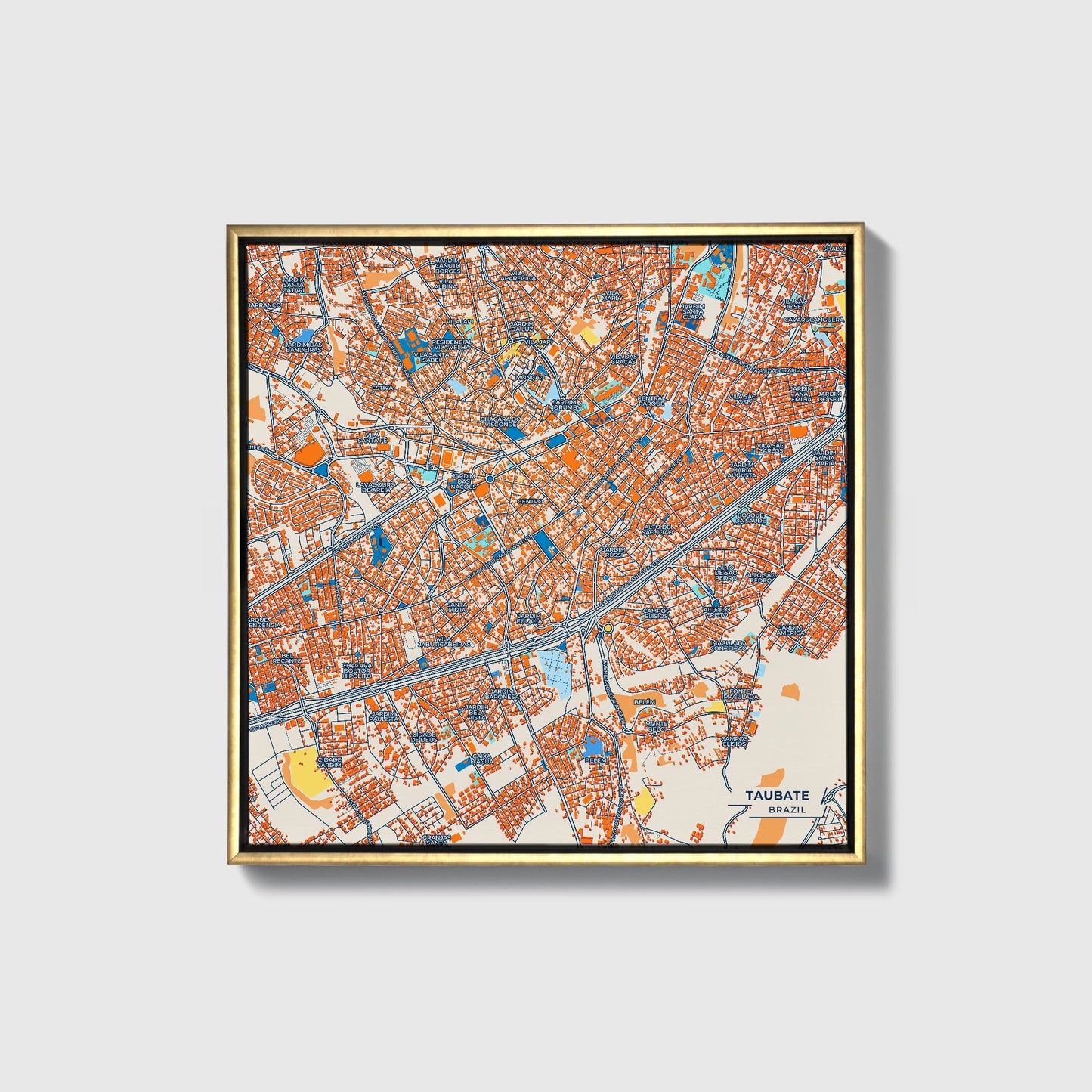 Taubate Brazil Colorful City Map Canvas Print • Gold Framed