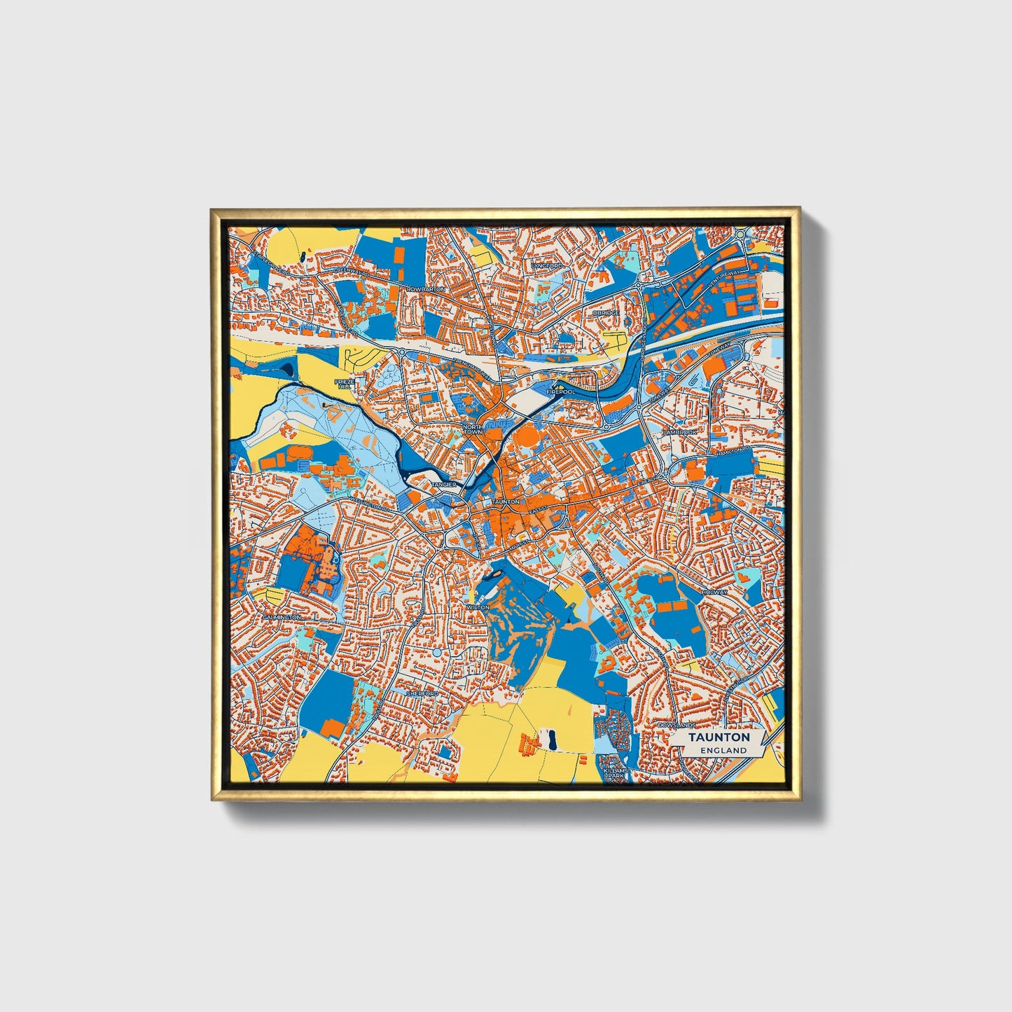 Taunton England Colorful City Map Canvas Print • Gold Framed