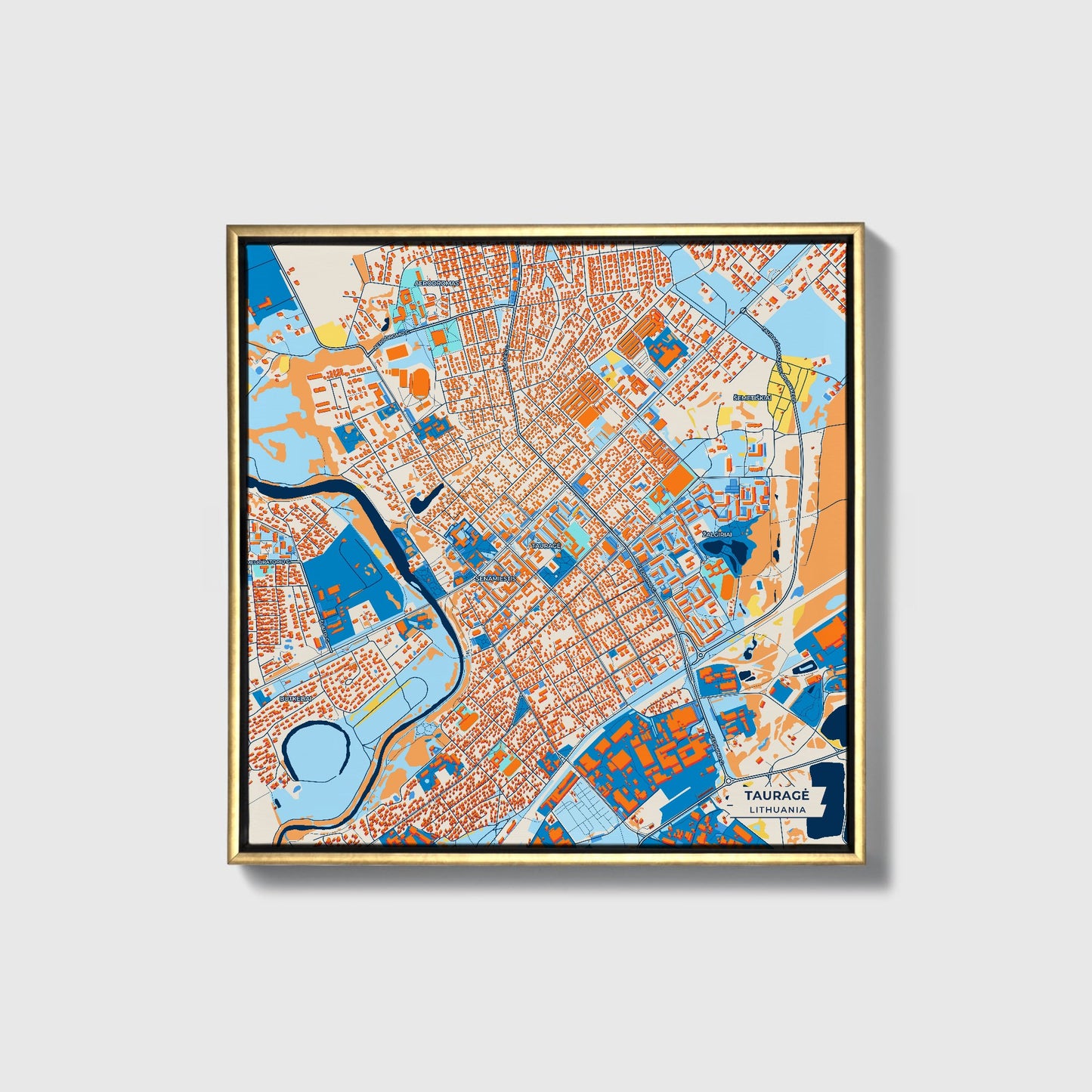 Tauragė Lithuania Colorful City Map Canvas Print • Gold Framed