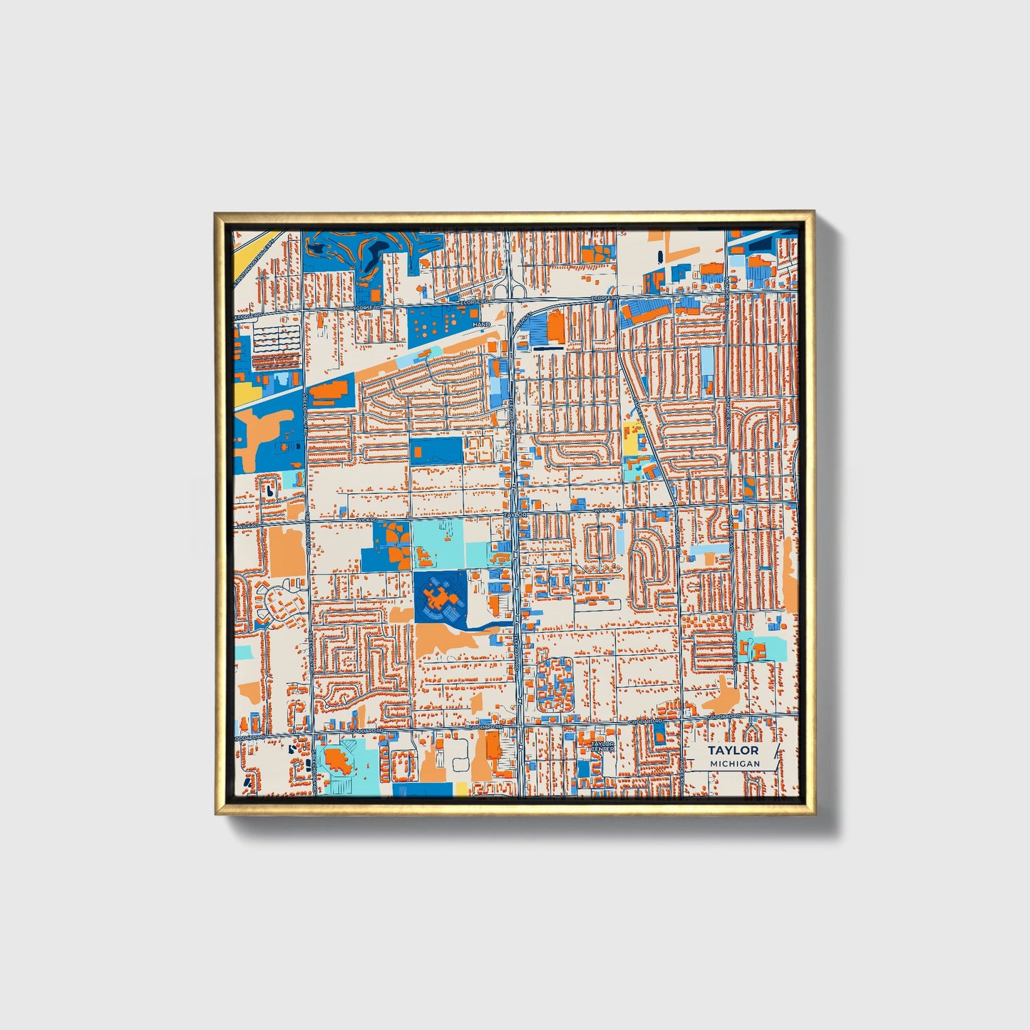 Taylor Michigan Colorful City Map Canvas Print • Gold Framed