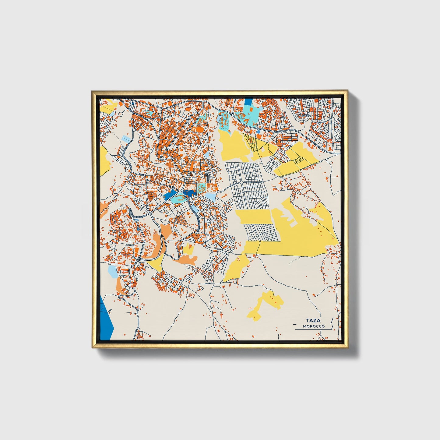 Taza Morocco Colorful City Map Canvas Print • Gold Framed
