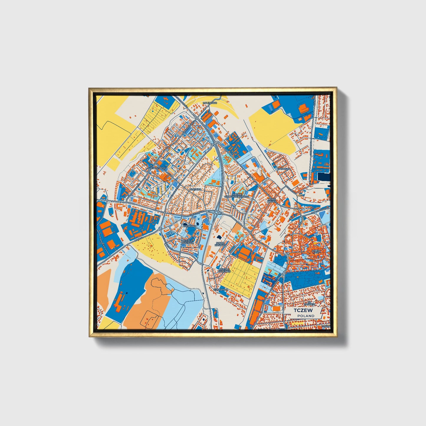 Tczew Poland Colorful City Map Canvas Print • Gold Framed