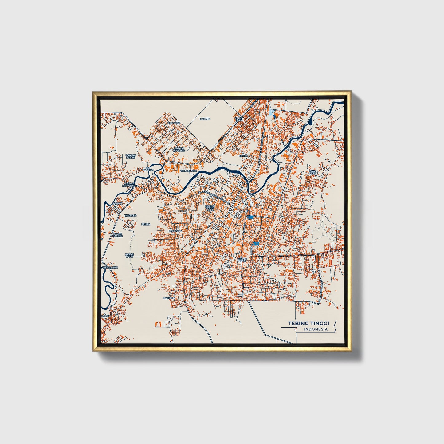 Tebing Tinggi Indonesia Colorful City Map Canvas Print • Gold Framed