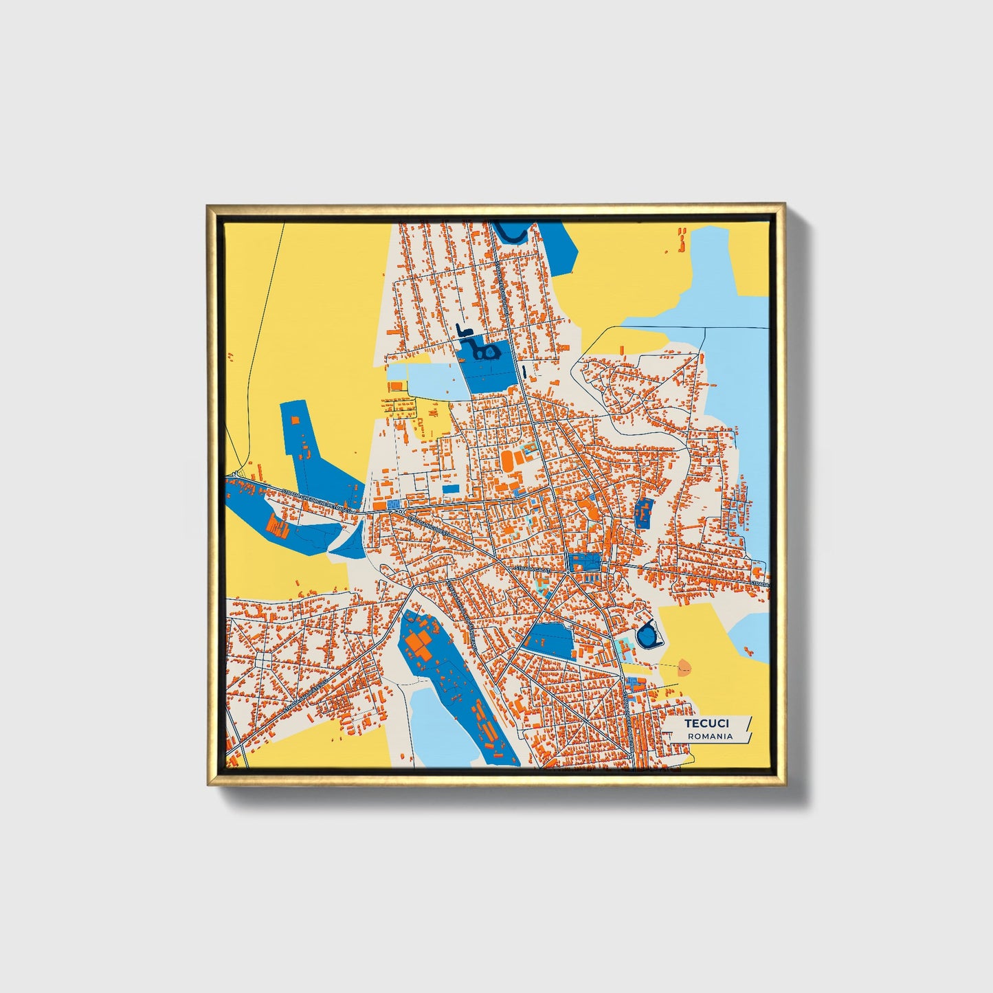Tecuci Romania Colorful City Map Canvas Print • Gold Framed