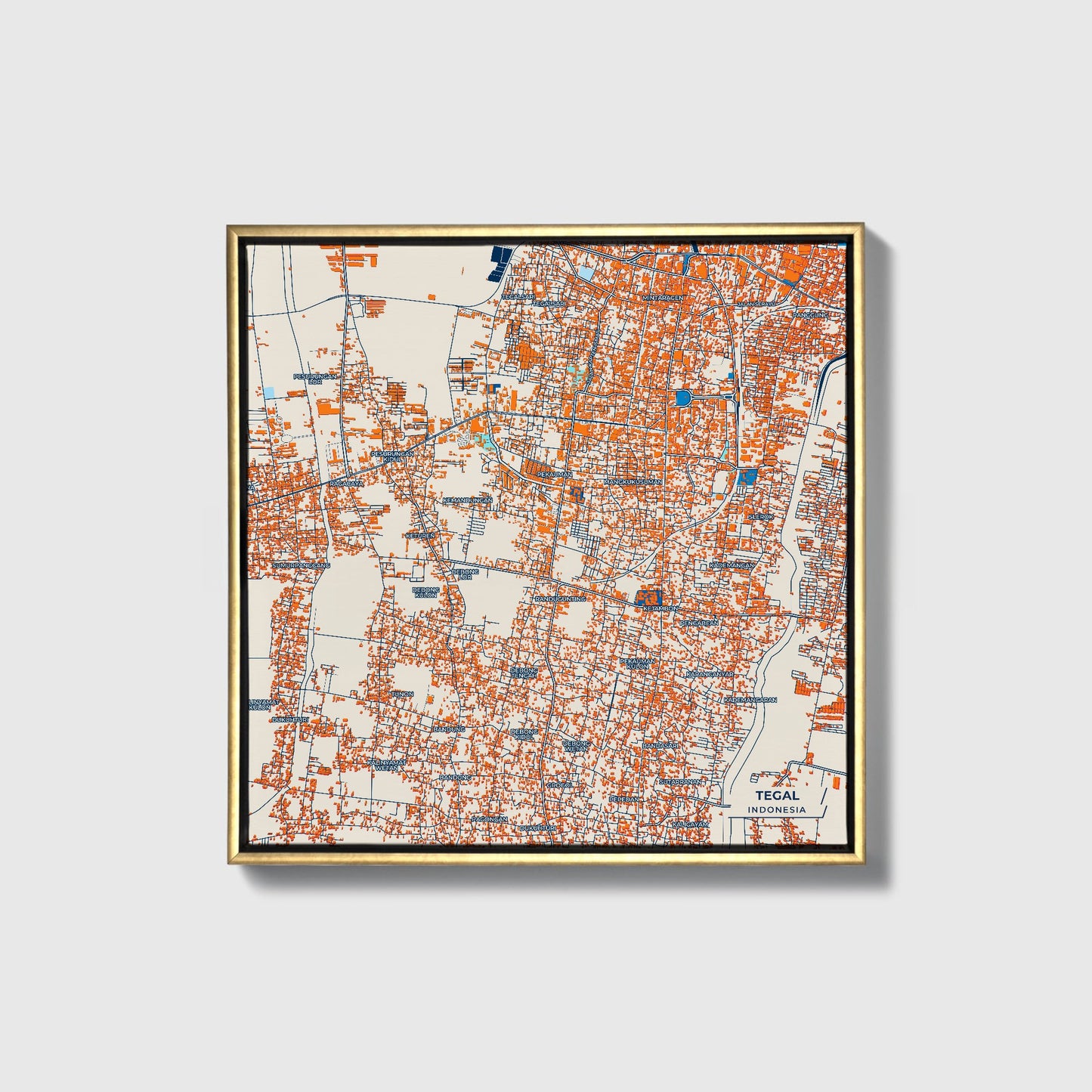 Tegal Indonesia Colorful City Map Canvas Print • Gold Framed