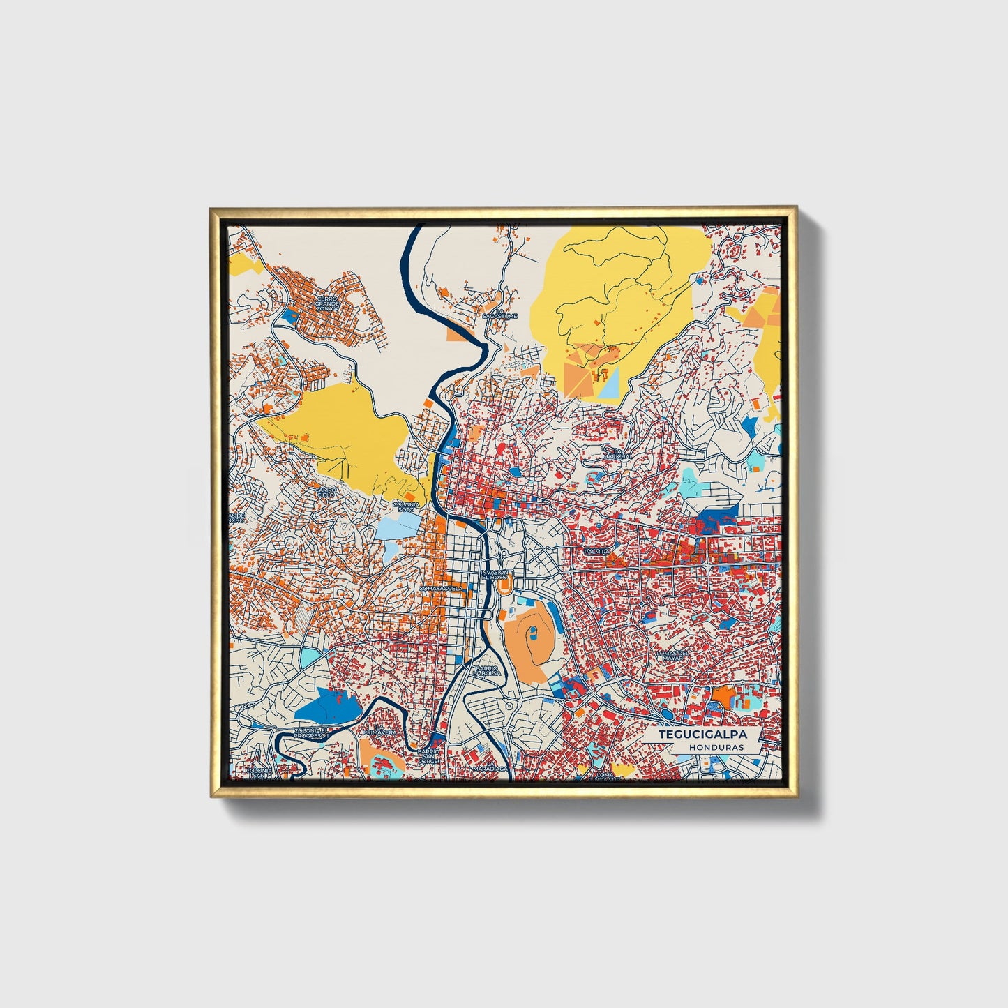 Tegucigalpa Honduras Colorful City Map Canvas Print • Gold Framed