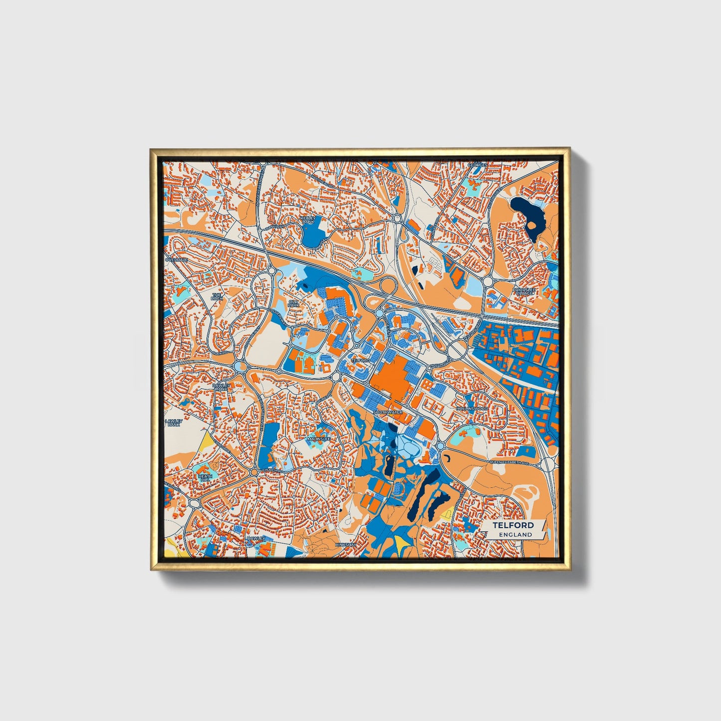 Telford England Colorful City Map Canvas Print • Gold Framed
