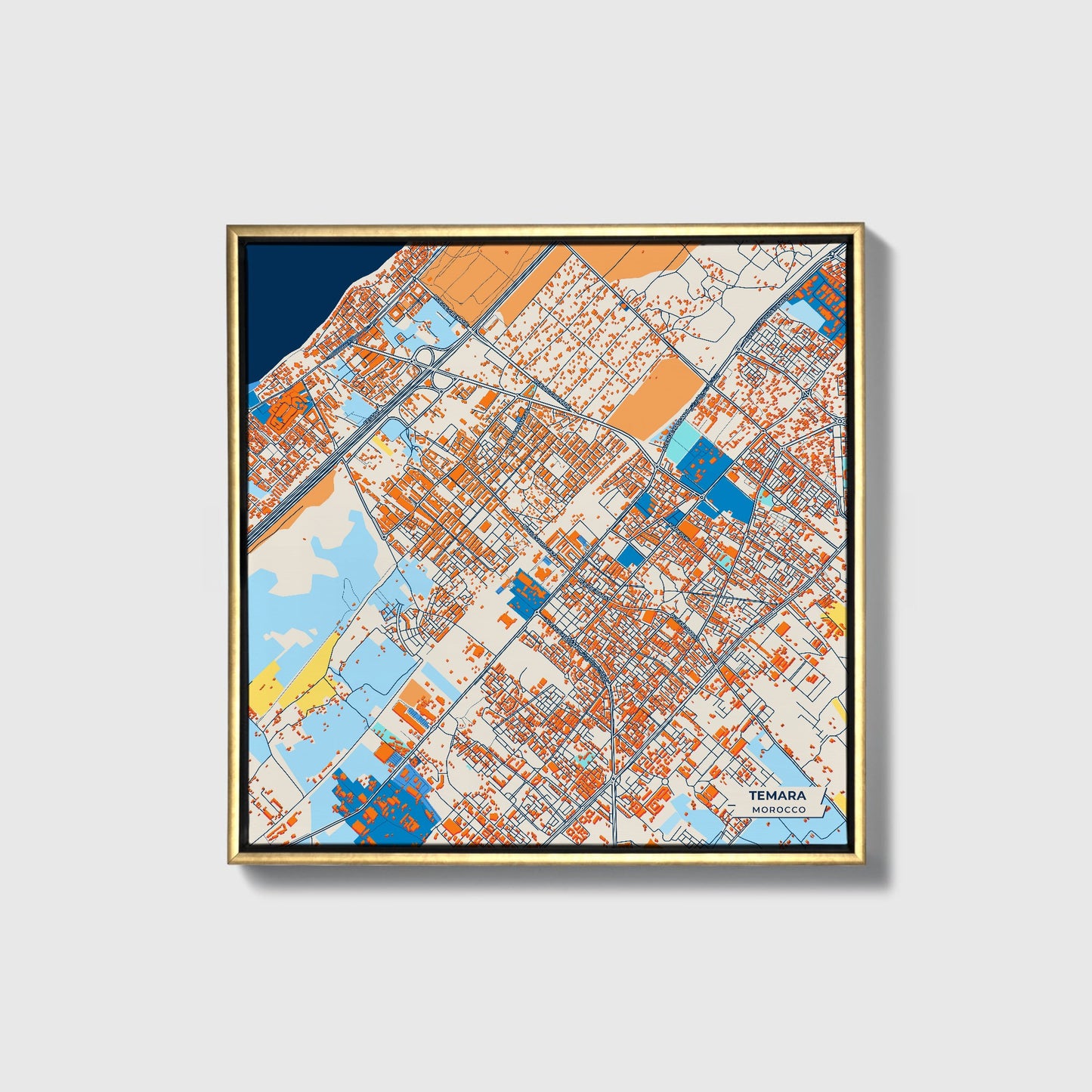 Temara Morocco Colorful City Map Canvas Print • Gold Framed