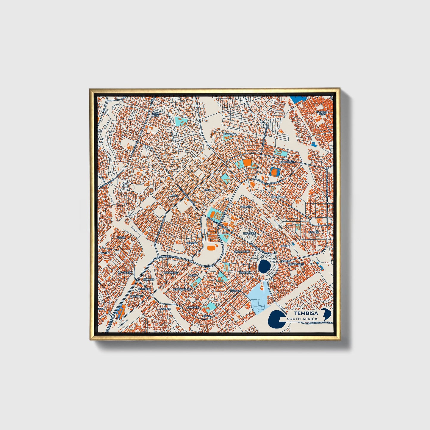 Tembisa South Africa Colorful City Map Canvas Print • Gold Framed