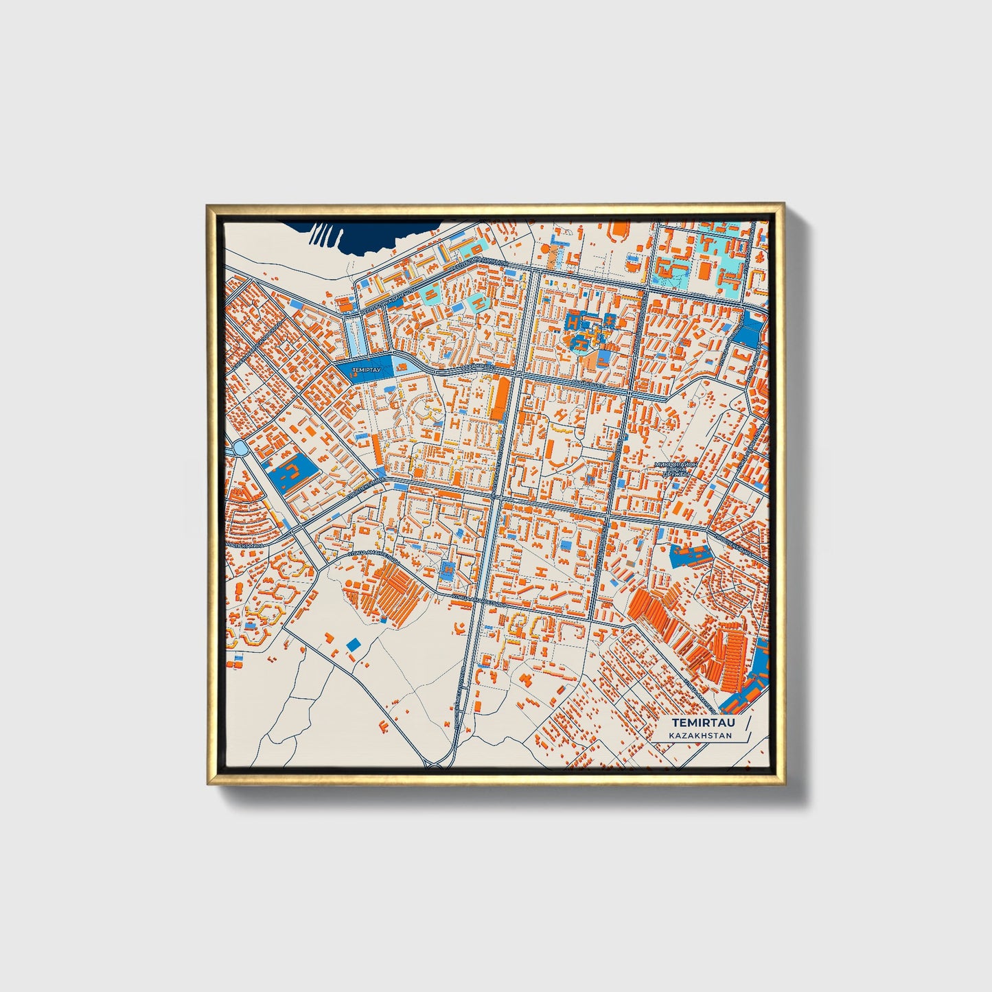 Temirtau Kazakhstan Colorful City Map Canvas Print • Gold Framed