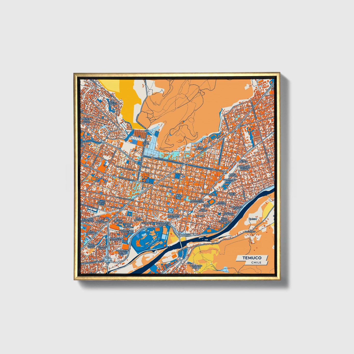 Temuco Chile Colorful City Map Canvas Print • Gold Framed