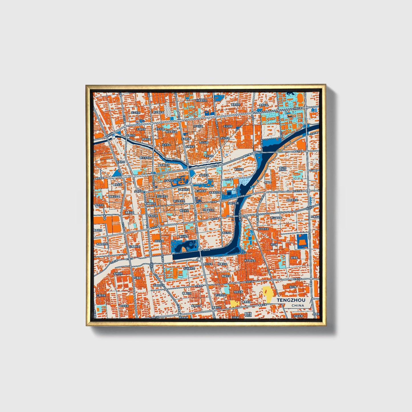Tengzhou China Colorful City Map Canvas Print • Gold Framed