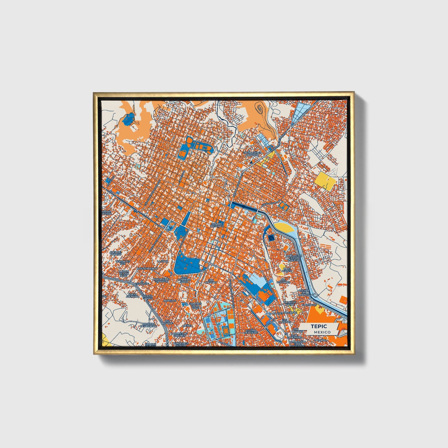 Tepic Mexico Colorful City Map Canvas Print • Gold Framed