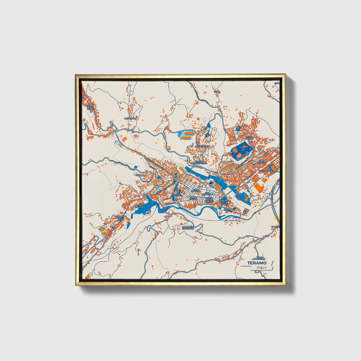 Teramo Italy Colorful City Map Canvas Print • Gold Framed