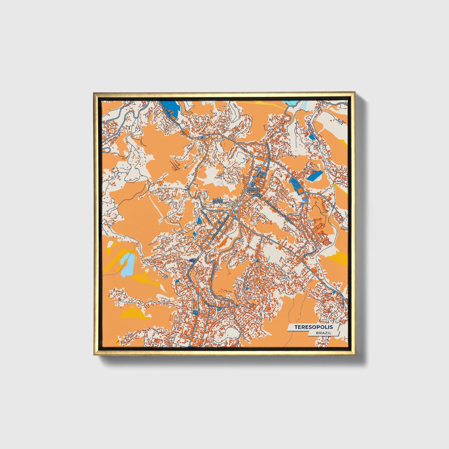 Teresopolis Brazil Colorful City Map Canvas Print • Gold Framed