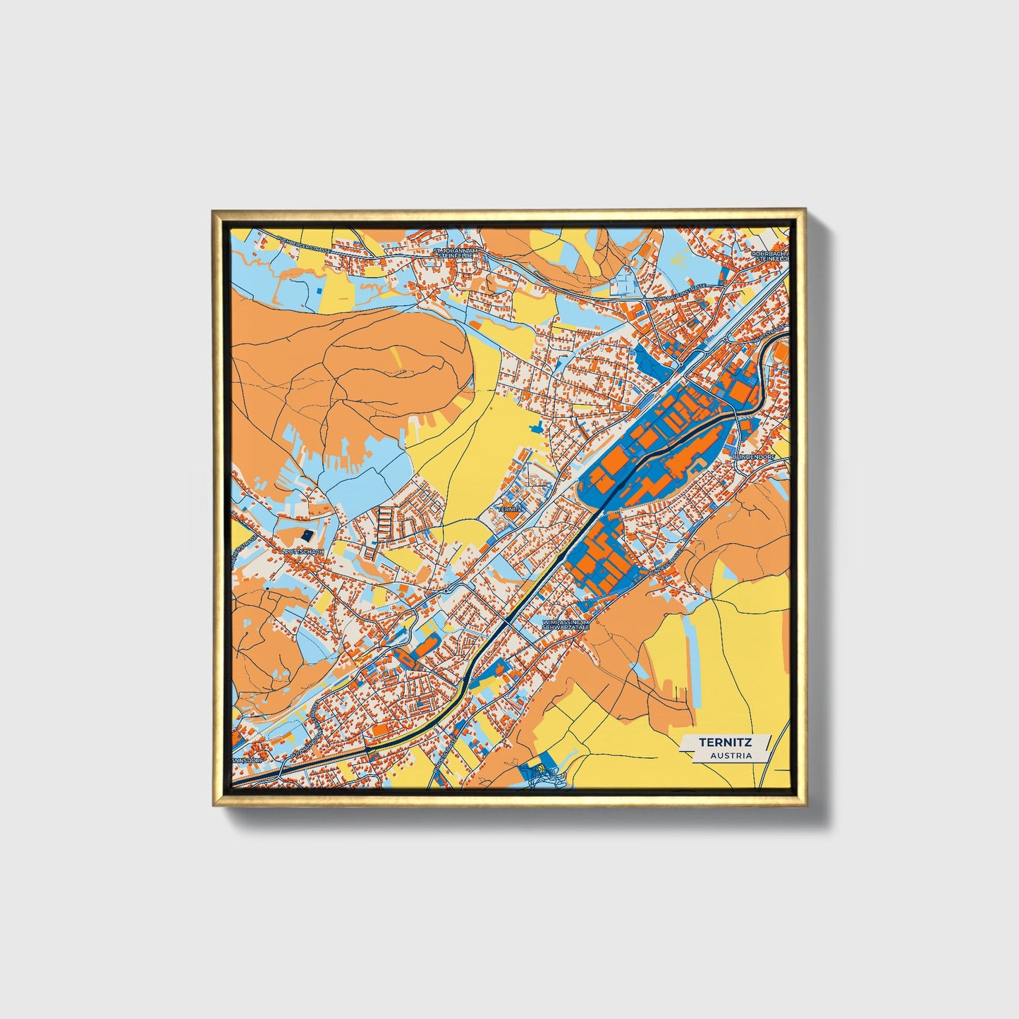 Ternitz Austria Colorful City Map Canvas Print • Gold Framed