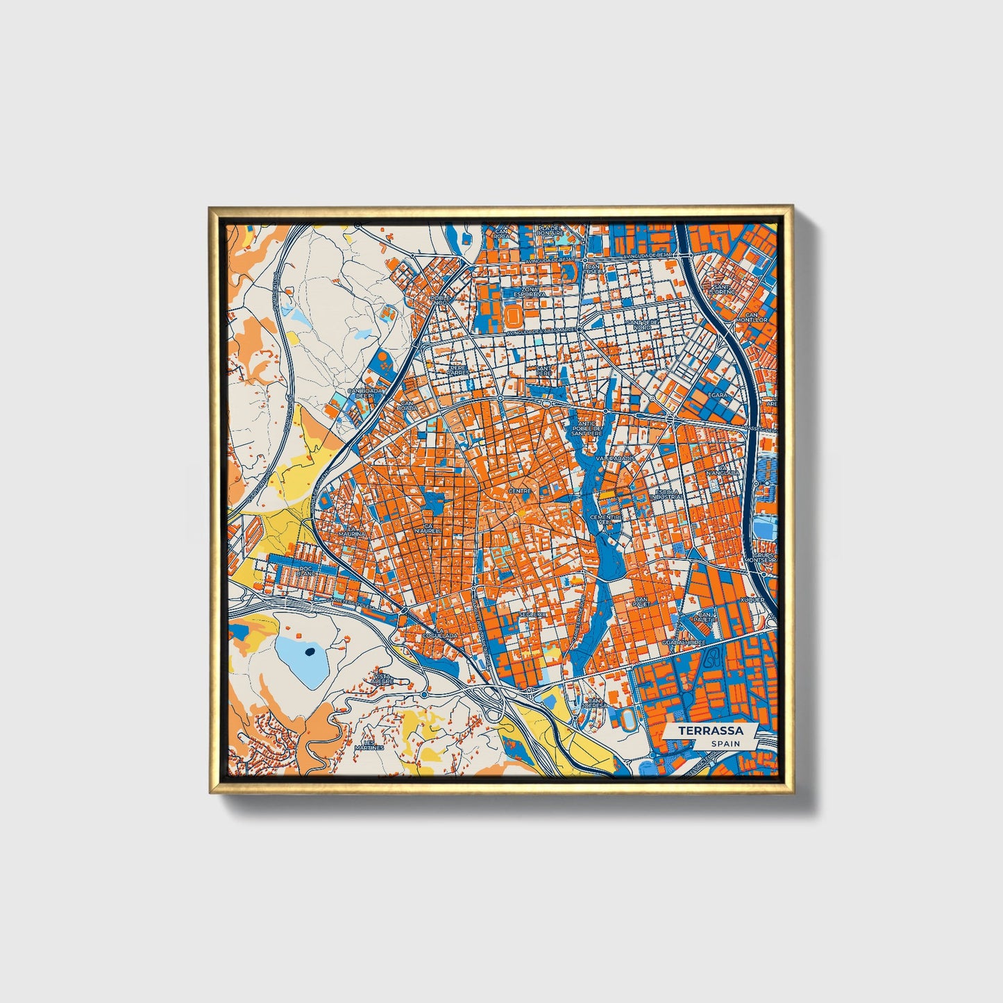 Terrassa Spain Colorful City Map Canvas Print • Gold Framed