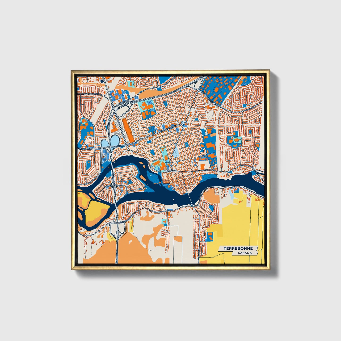 Terrebonne Canada Colorful City Map Canvas Print • Gold Framed