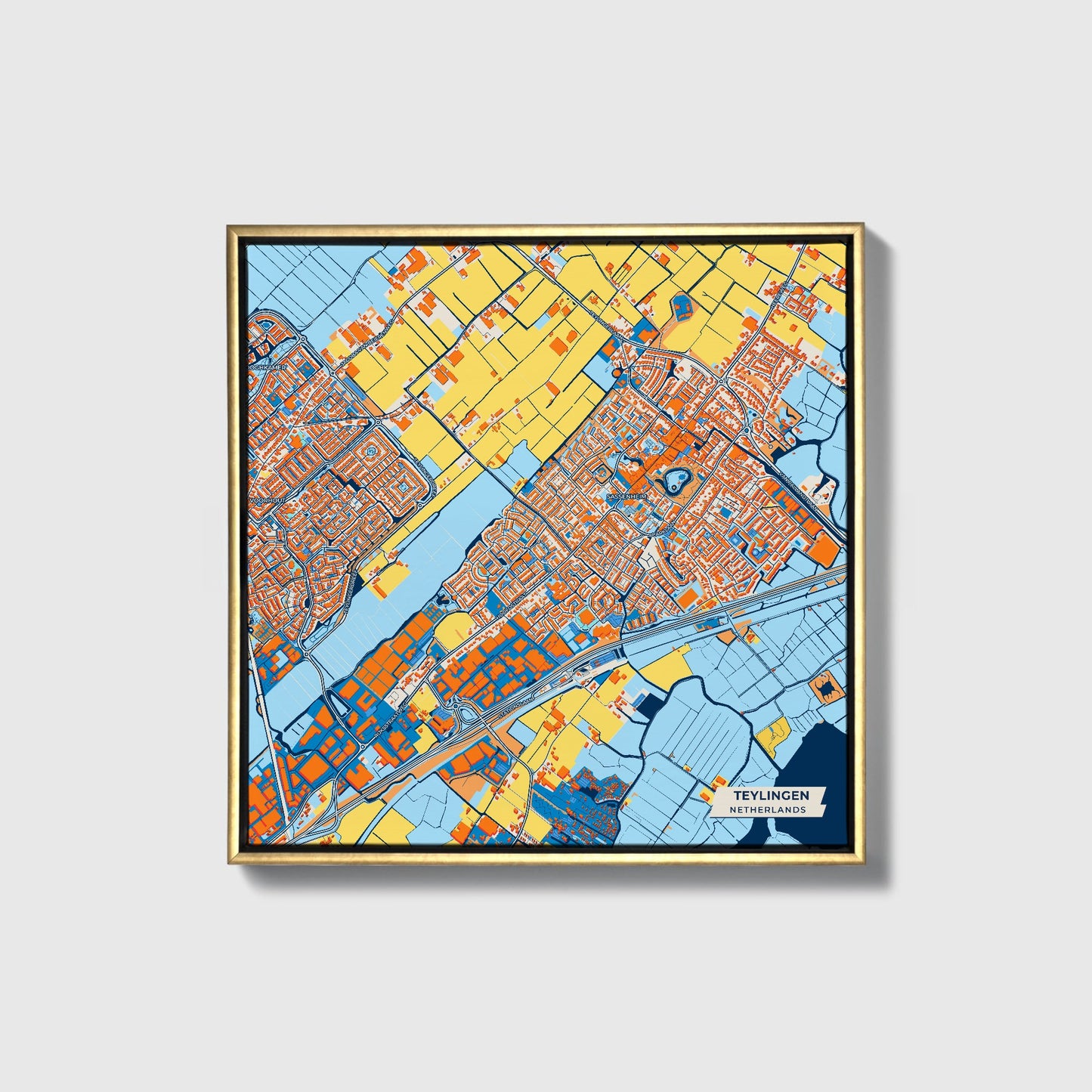 Teylingen Netherlands Colorful City Map Canvas Print • Gold Framed