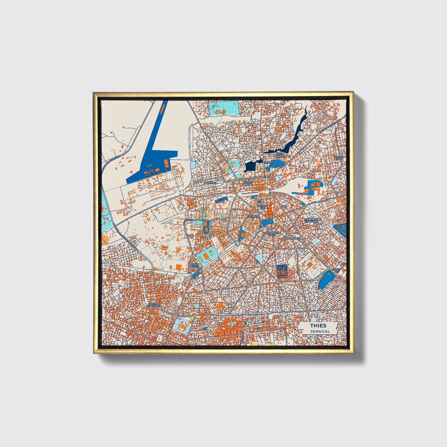 Thies Senegal Colorful City Map Canvas Print • Gold Framed