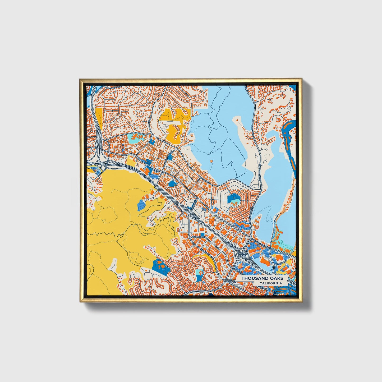 Thousand Oaks California Colorful City Map Canvas Print • Gold Framed