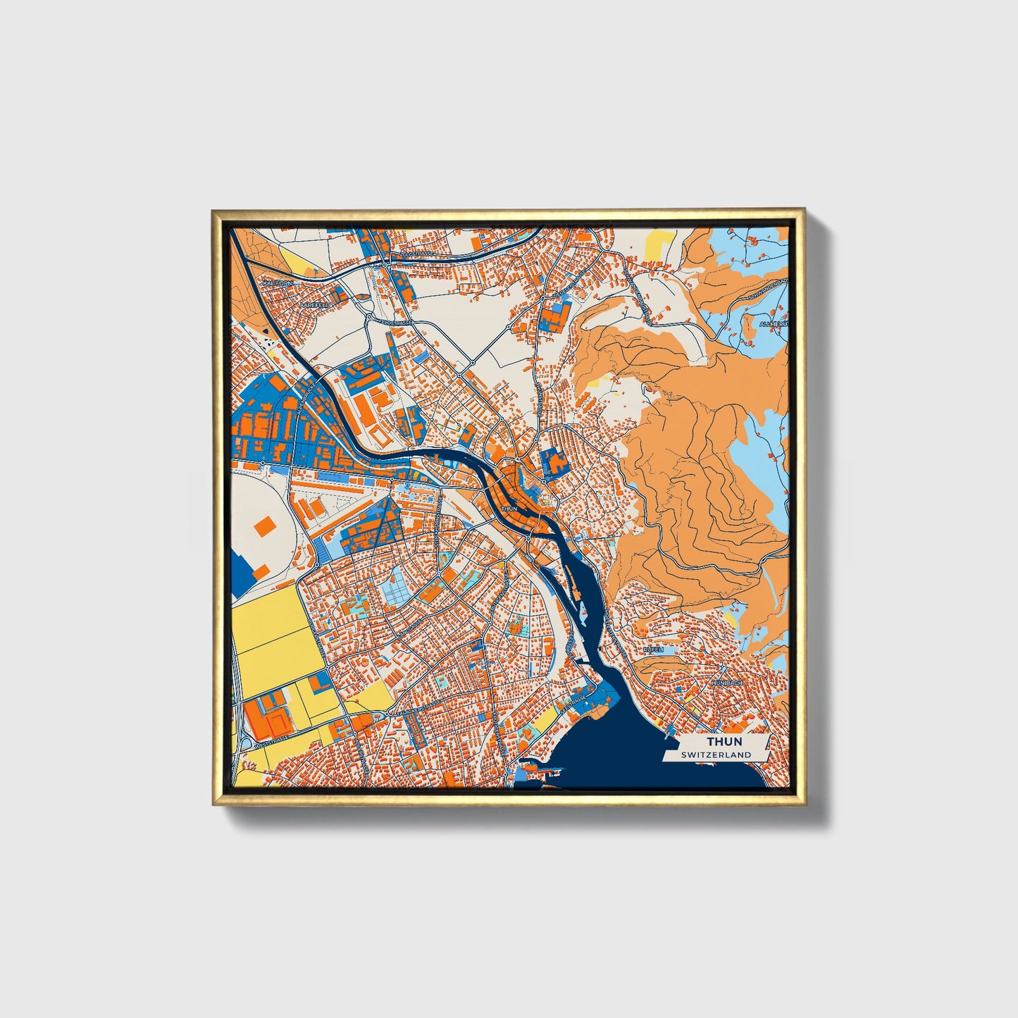 Thun Switzerland Colorful City Map Canvas Print • Gold Framed