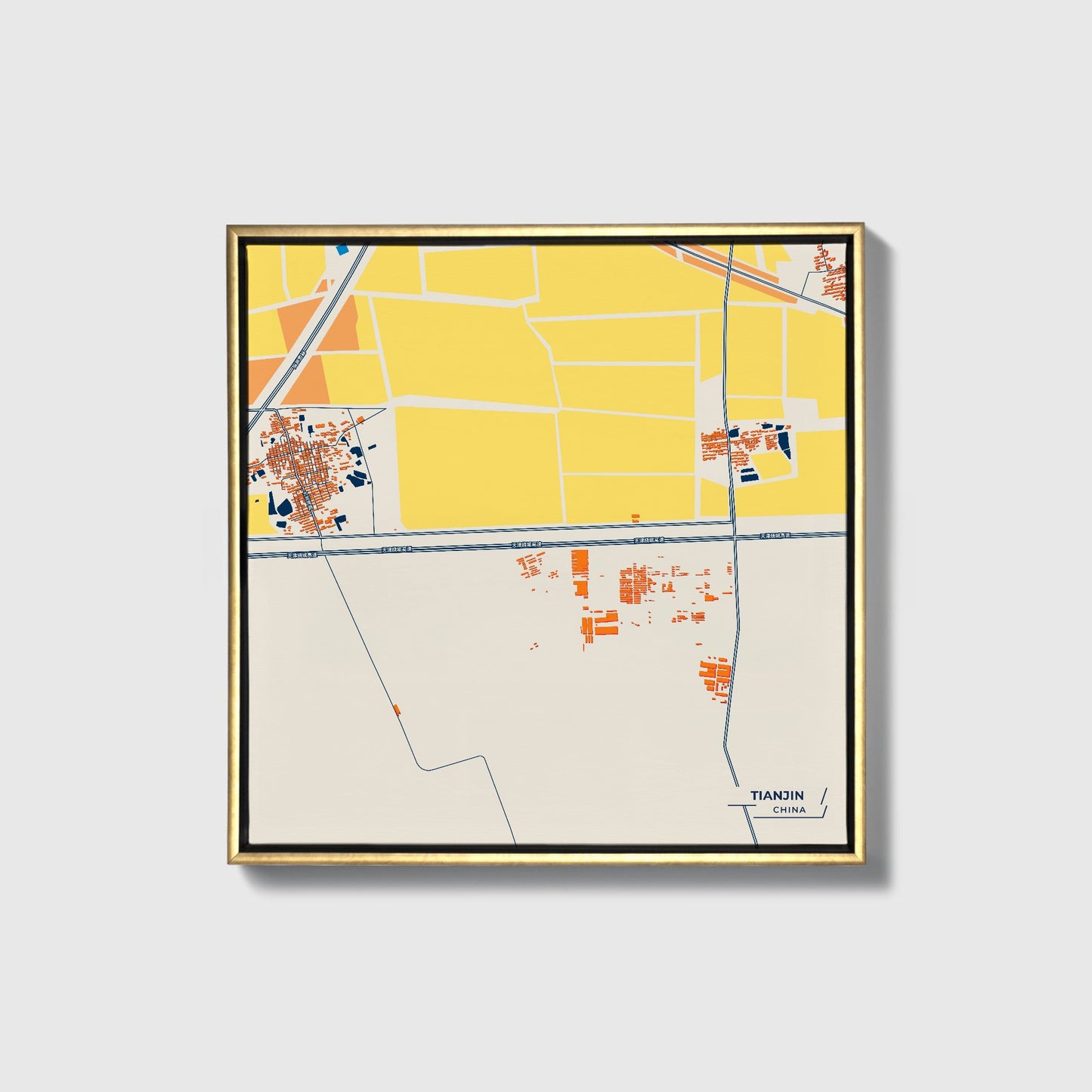 Tianjin China Colorful City Map Canvas Print • Gold Framed