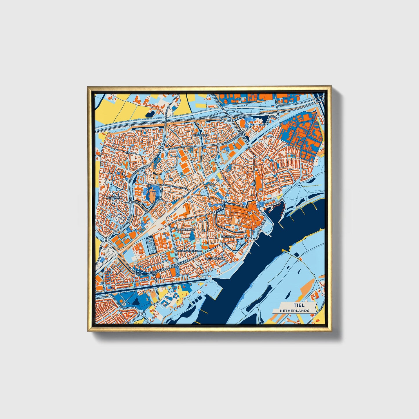 Tiel Netherlands Colorful City Map Canvas Print • Gold Framed