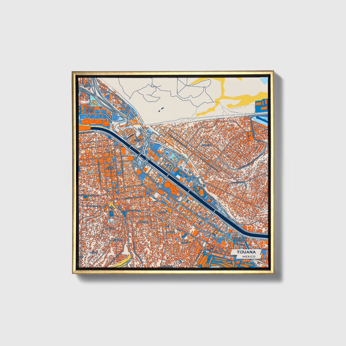 Tijuana Mexico Colorful City Map Canvas Print • Gold Framed