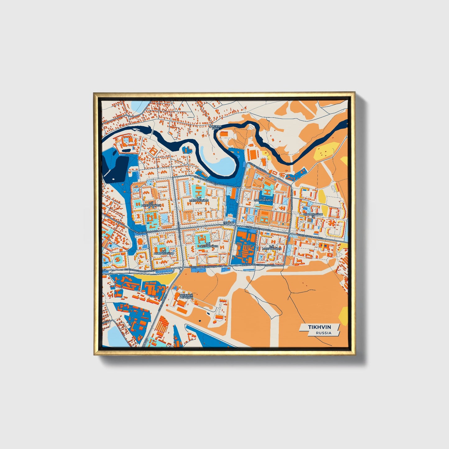 Тихвин Russia Colorful City Map Canvas Print • Gold Framed