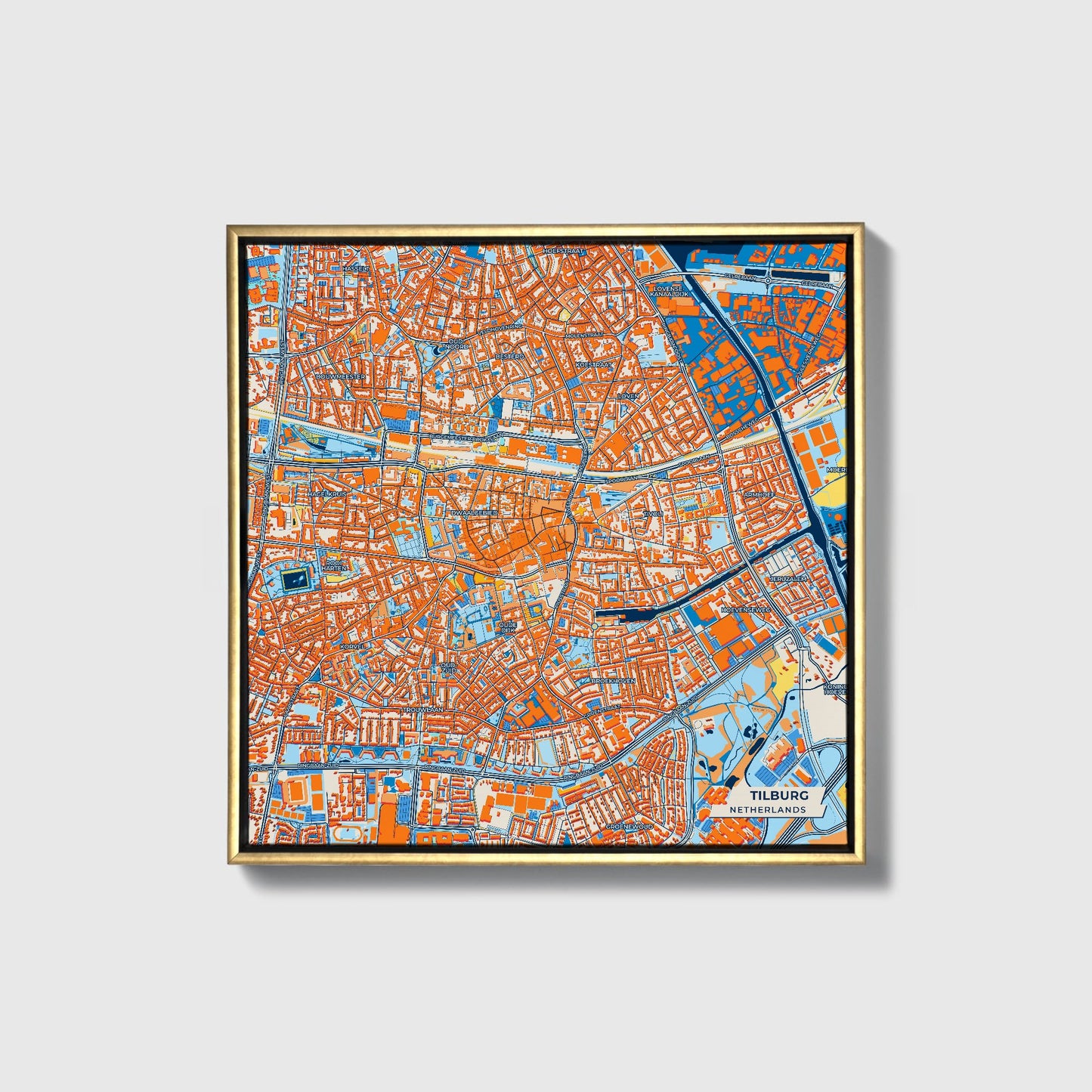 Tilburg Netherlands Colorful City Map Canvas Print • Gold Framed