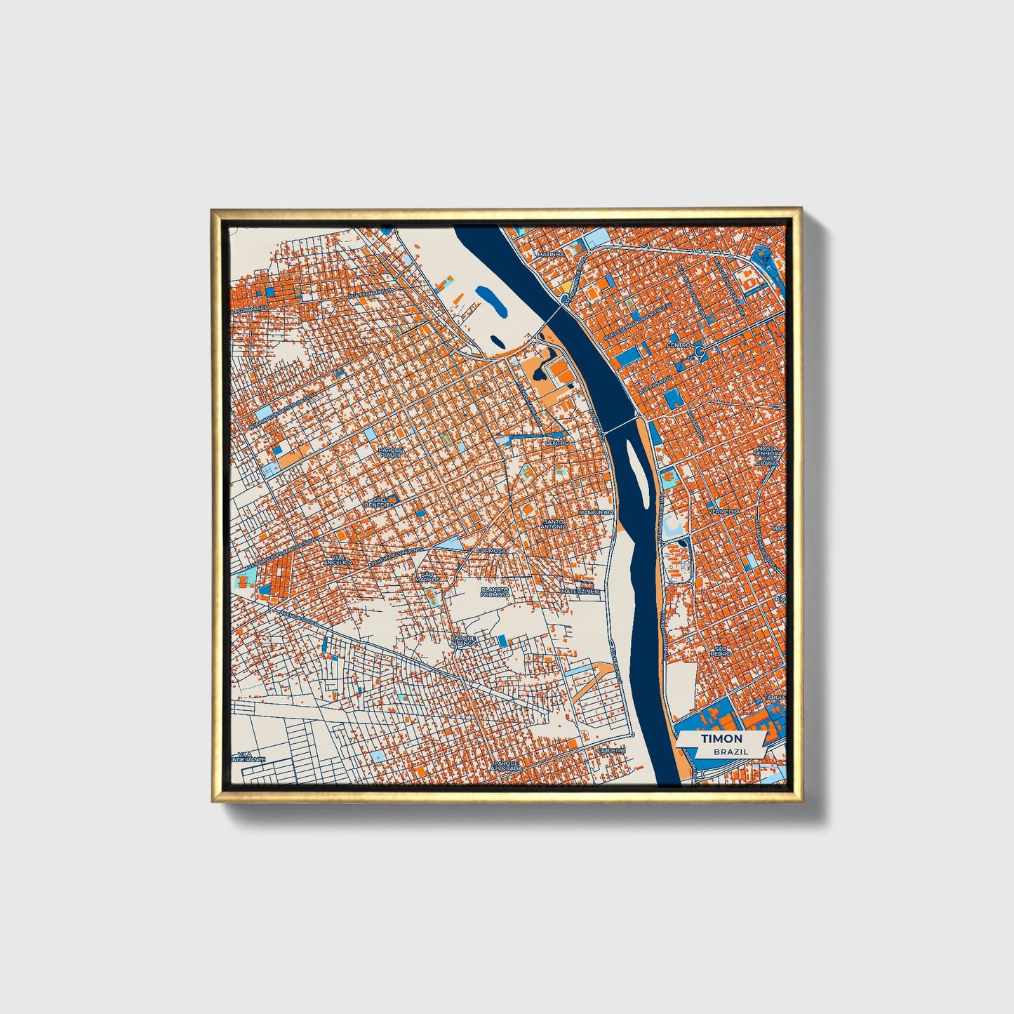 Timon Brazil Colorful City Map Canvas Print • Gold Framed