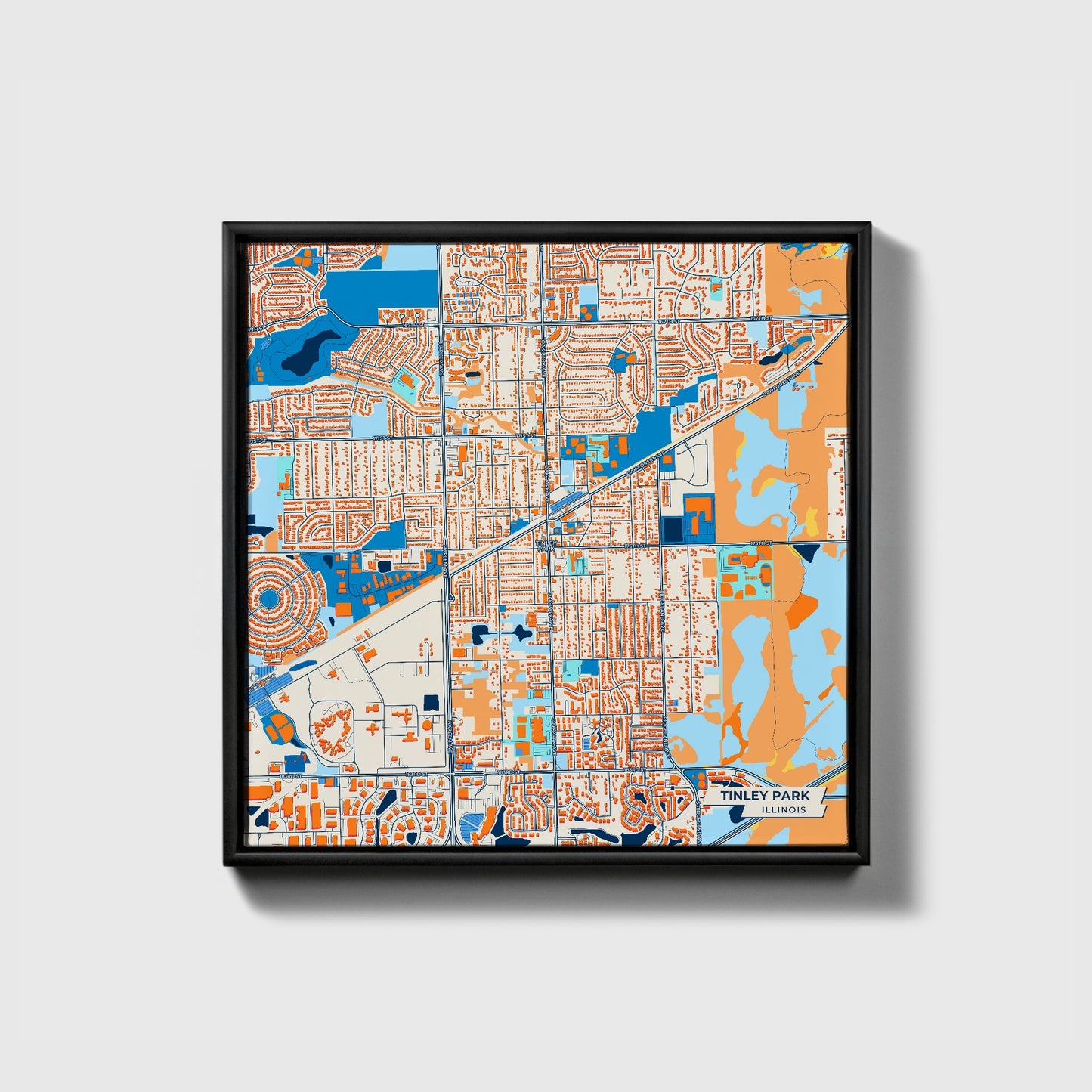 Tinley Park Illinois Colorful City Map Canvas Print • Black Framed