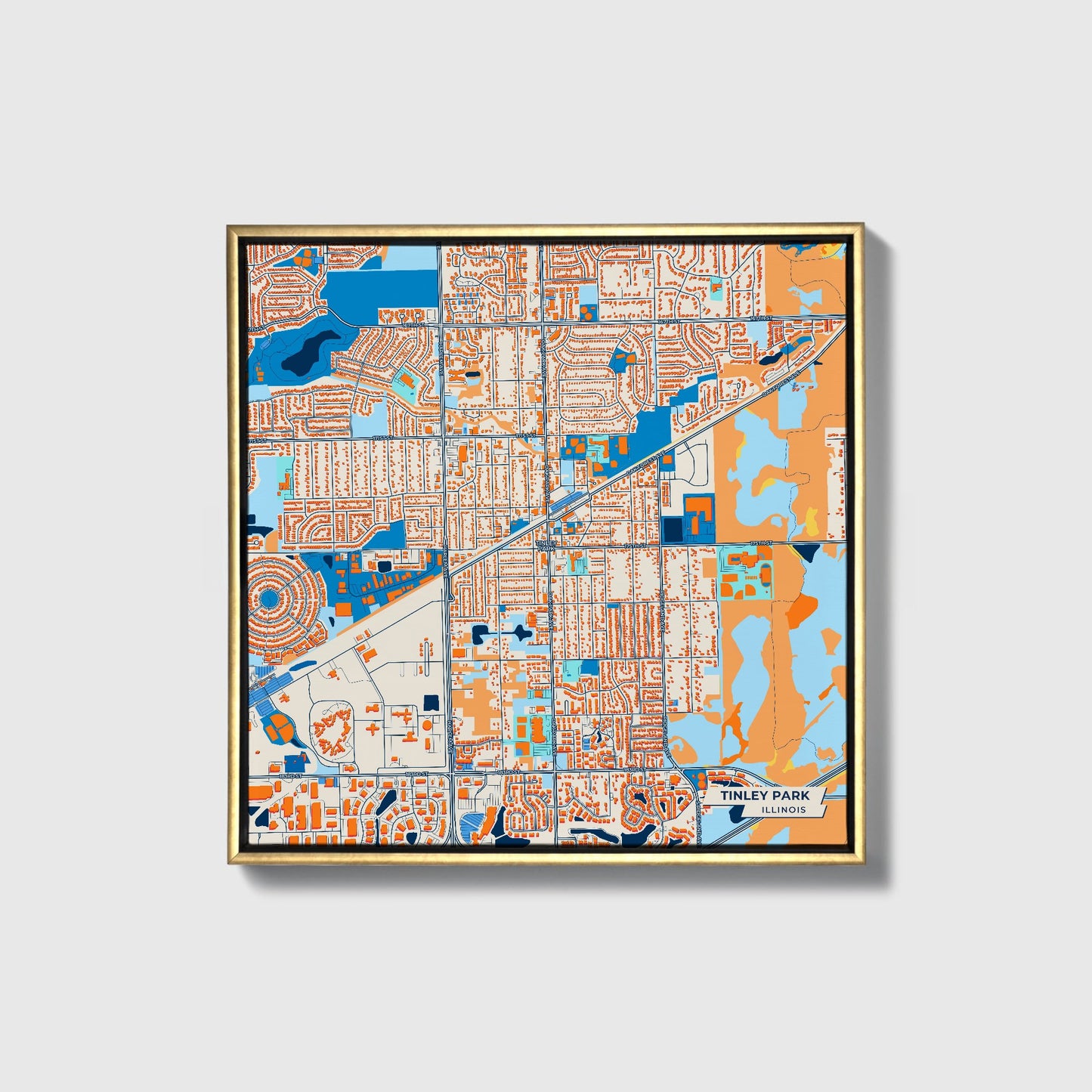 Tinley Park Illinois Colorful City Map Canvas Print • Gold Framed