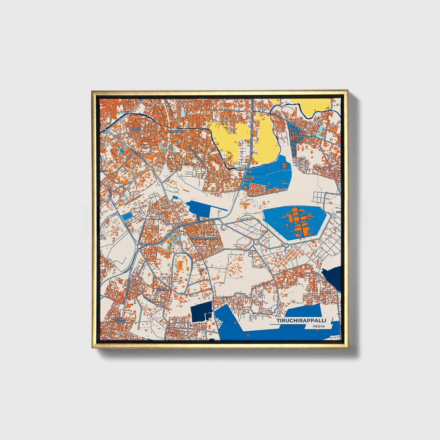 Tiruchirappalli India Colorful City Map Canvas Print • Gold Framed