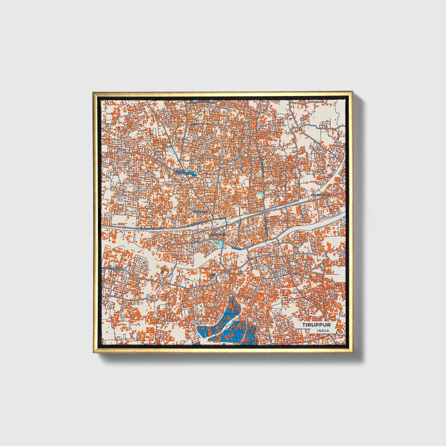 Tiruppur India Colorful City Map Canvas Print • Gold Framed