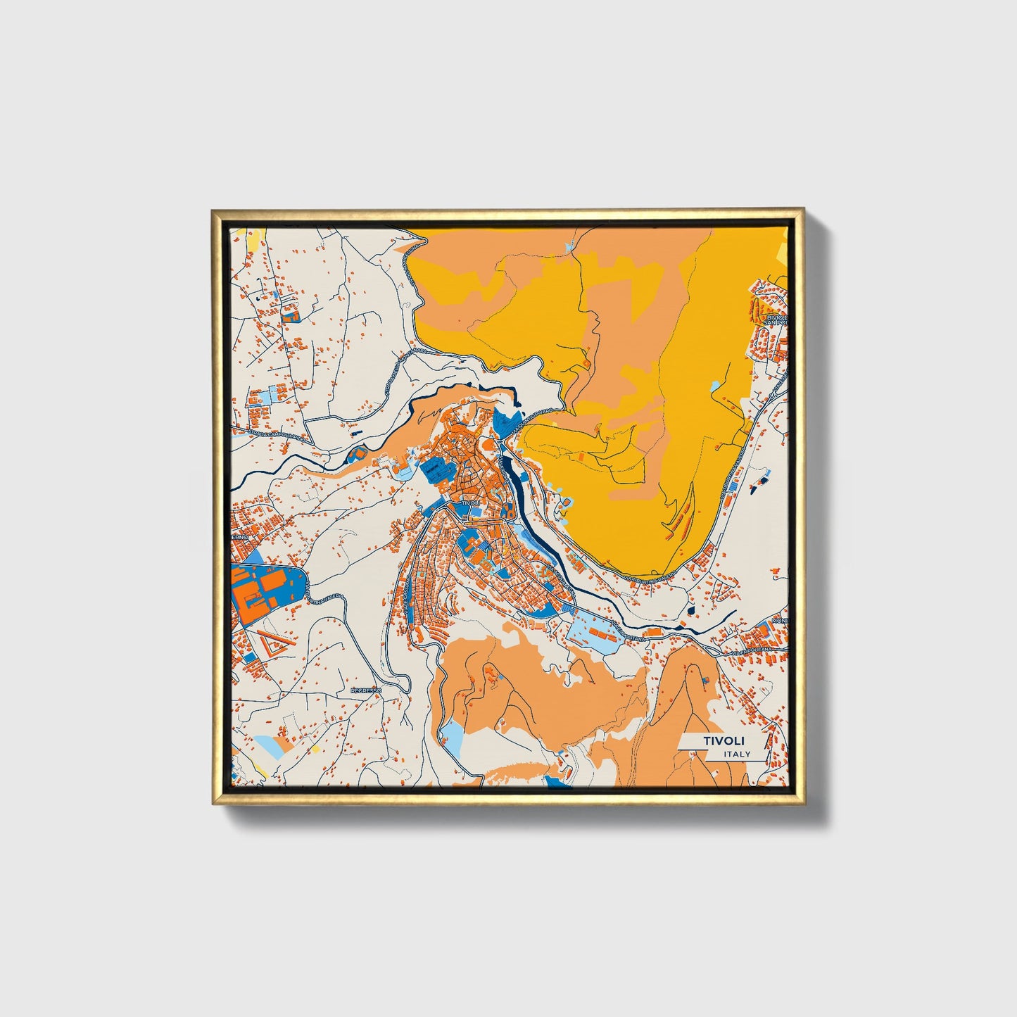 Tivoli Italy Colorful City Map Canvas Print • Gold Framed