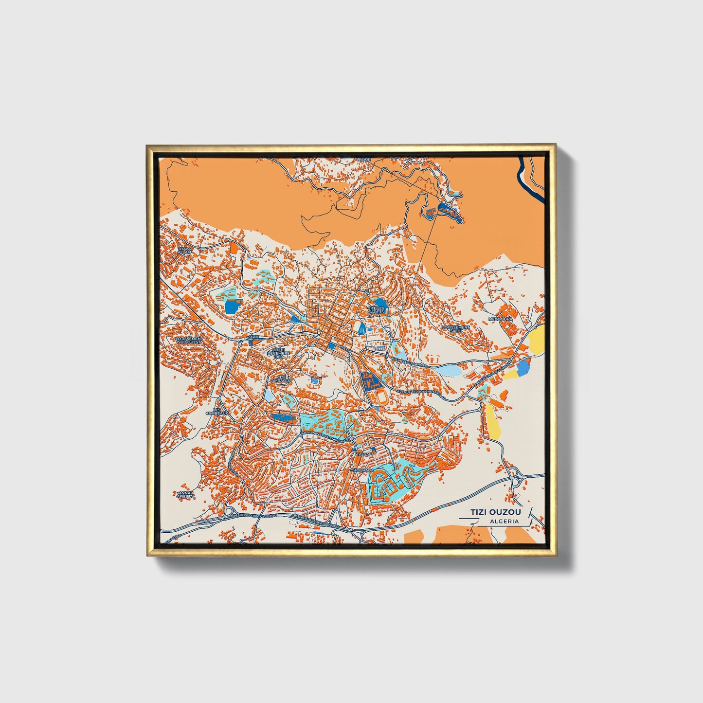 Tizi Ouzou Algeria Colorful City Map Canvas Print • Gold Framed