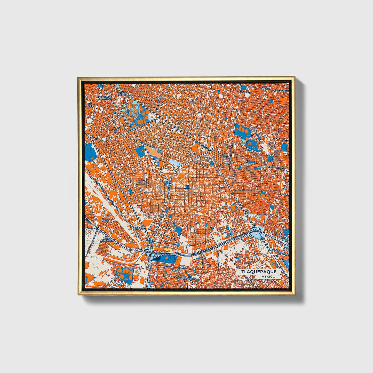 Tlaquepaque Mexico Colorful City Map Canvas Print • Gold Framed