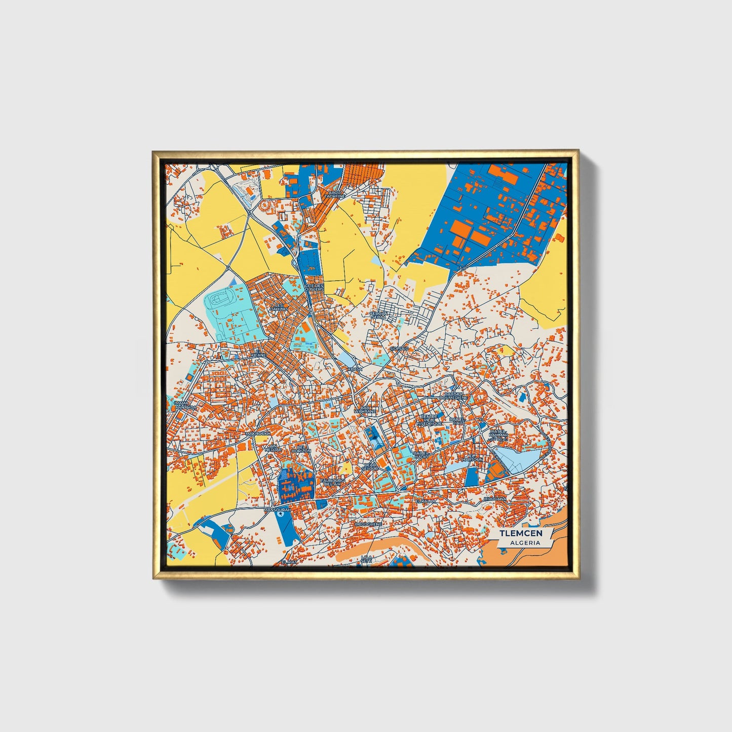 Tlemcen Algeria Colorful City Map Canvas Print • Gold Framed