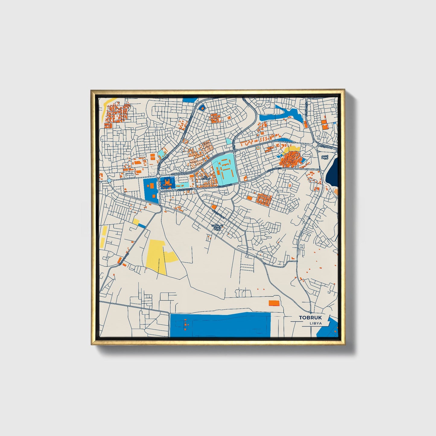 Tobruk Libya Colorful City Map Canvas Print • Gold Framed