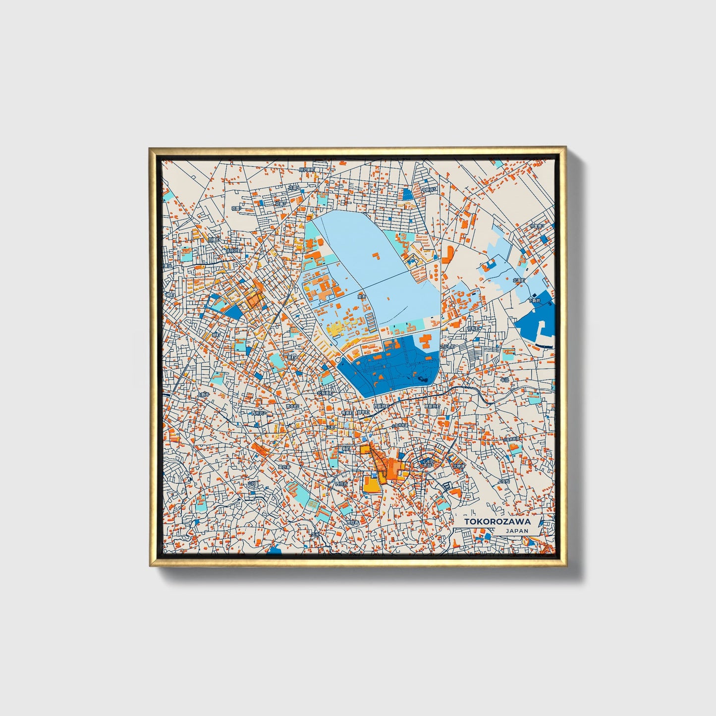 Tokorozawa Japan Colorful City Map Canvas Print • Gold Framed