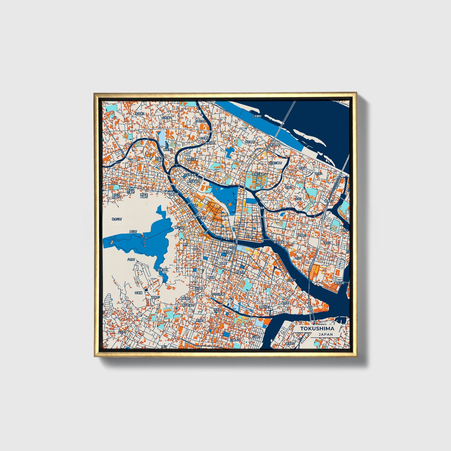 Tokushima Japan Colorful City Map Canvas Print • Gold Framed