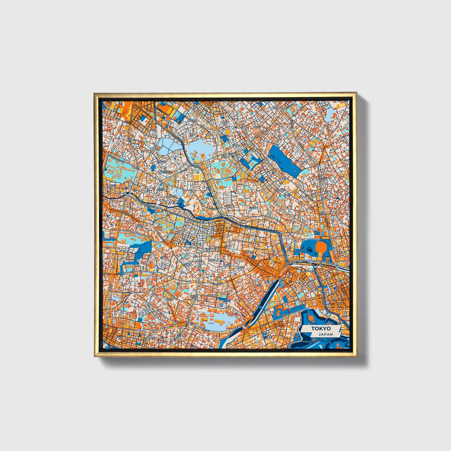 Tokyo Japan Colorful City Map Canvas Print • Gold Framed