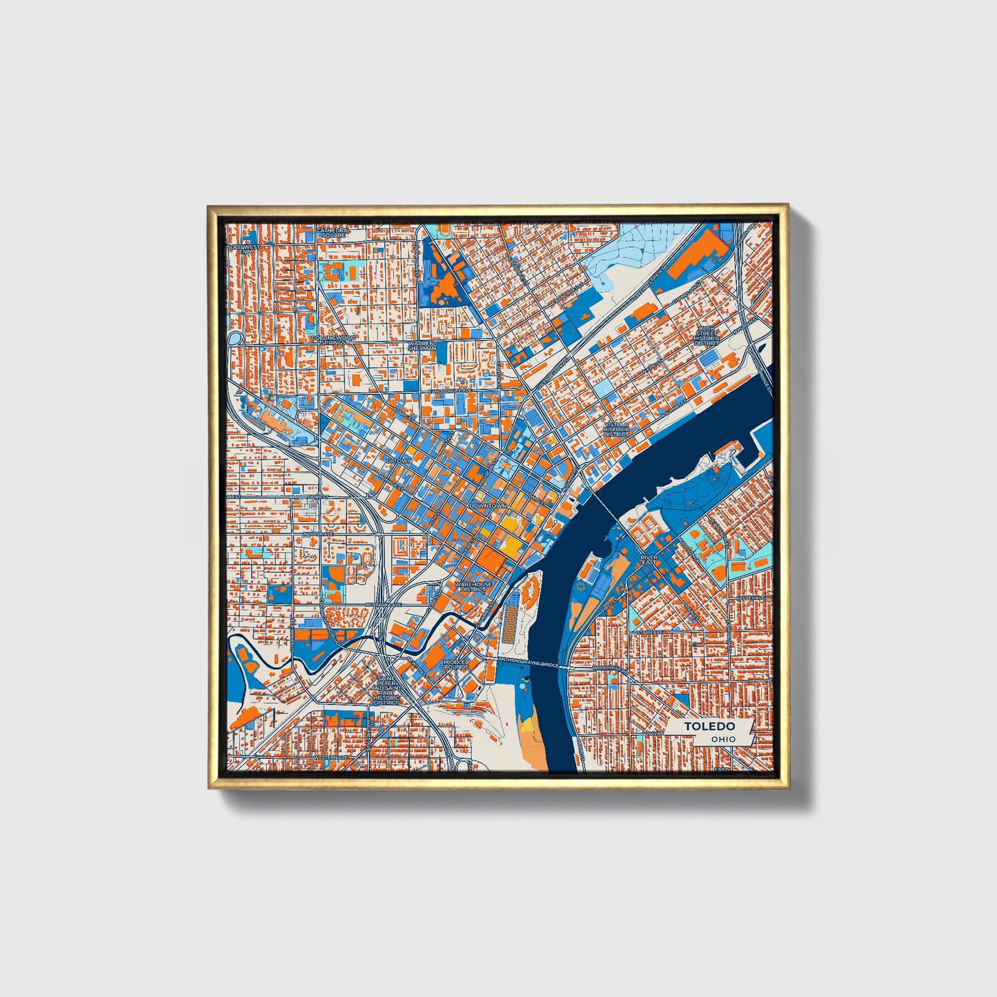 Toledo Ohio Colorful City Map Canvas Print • Gold Framed