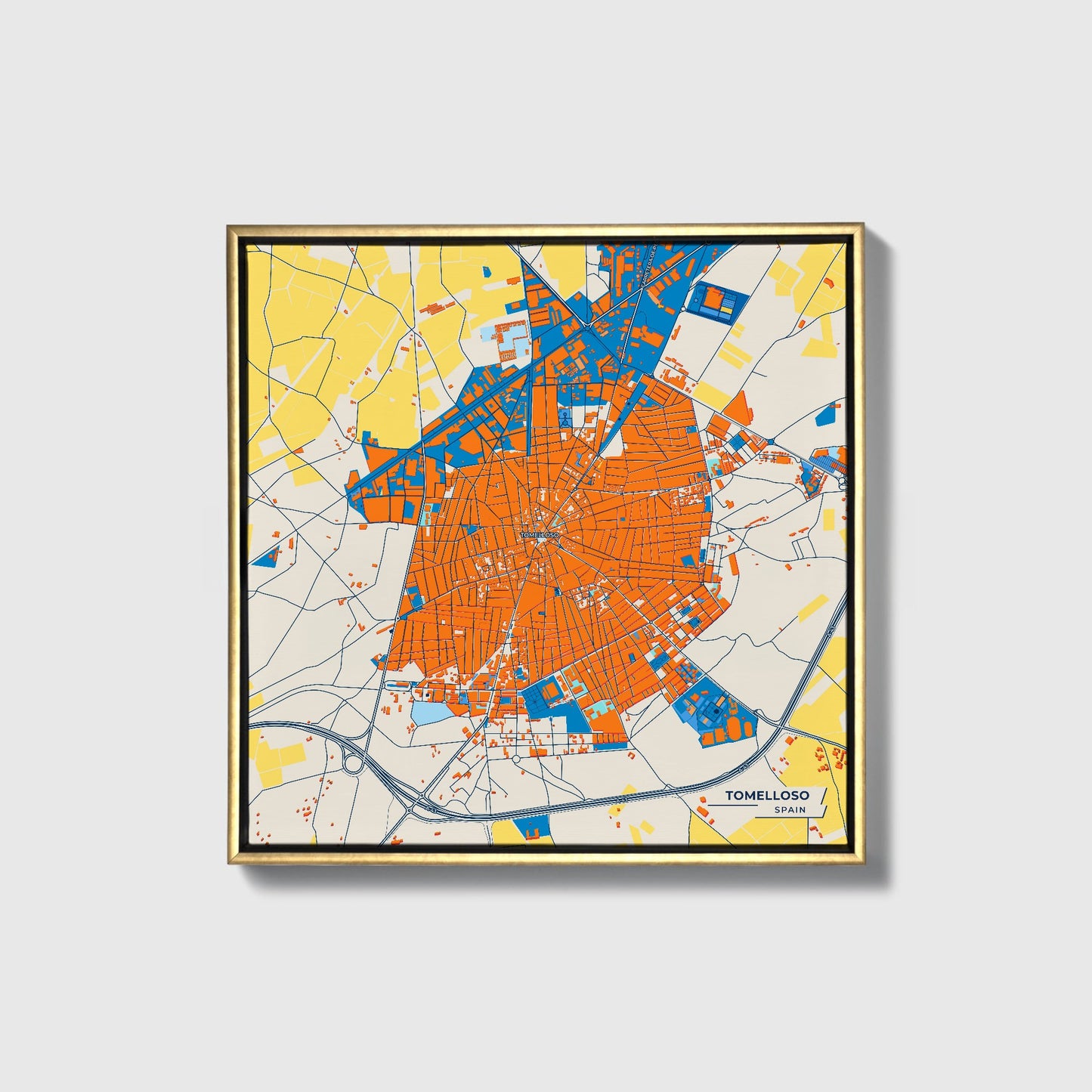 Tomelloso Spain Colorful City Map Canvas Print • Gold Framed