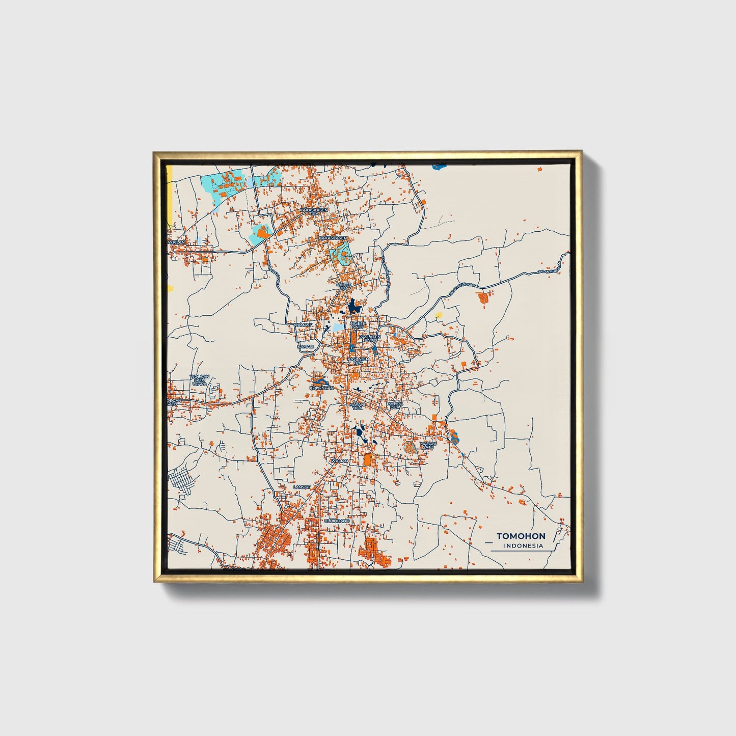 Tomohon Indonesia Colorful City Map Canvas Print • Gold Framed