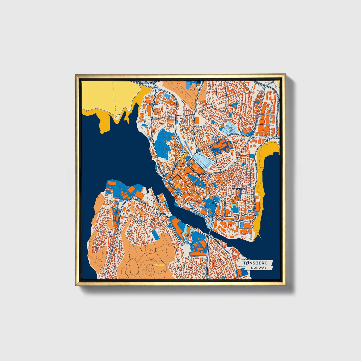 Tønsberg Norway Colorful City Map Canvas Print • Gold Framed