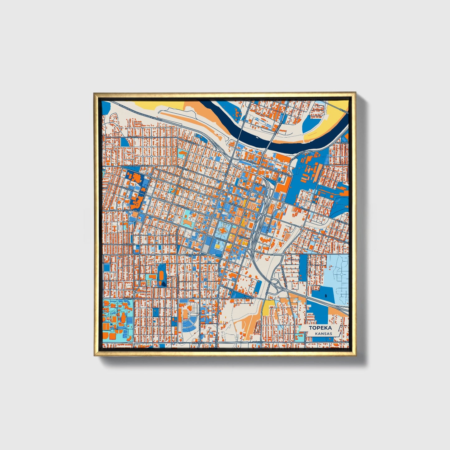 Topeka Kansas Colorful City Map Canvas Print • Gold Framed